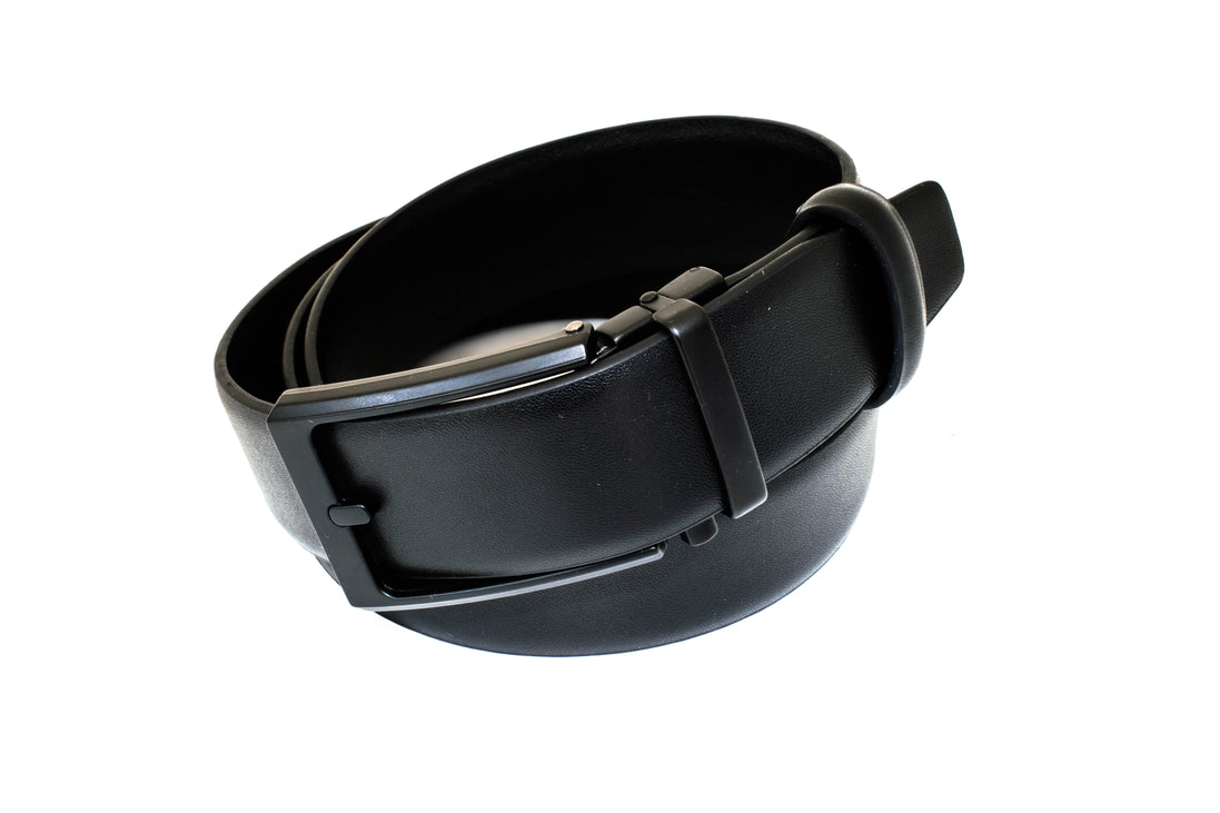 Men's Black Leather Belt - "No Hole" Black Ratchet Buckle