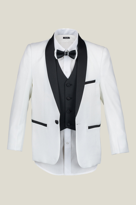 Boys' Pearl White Tuxedo Jacket with Black Satin Lapel