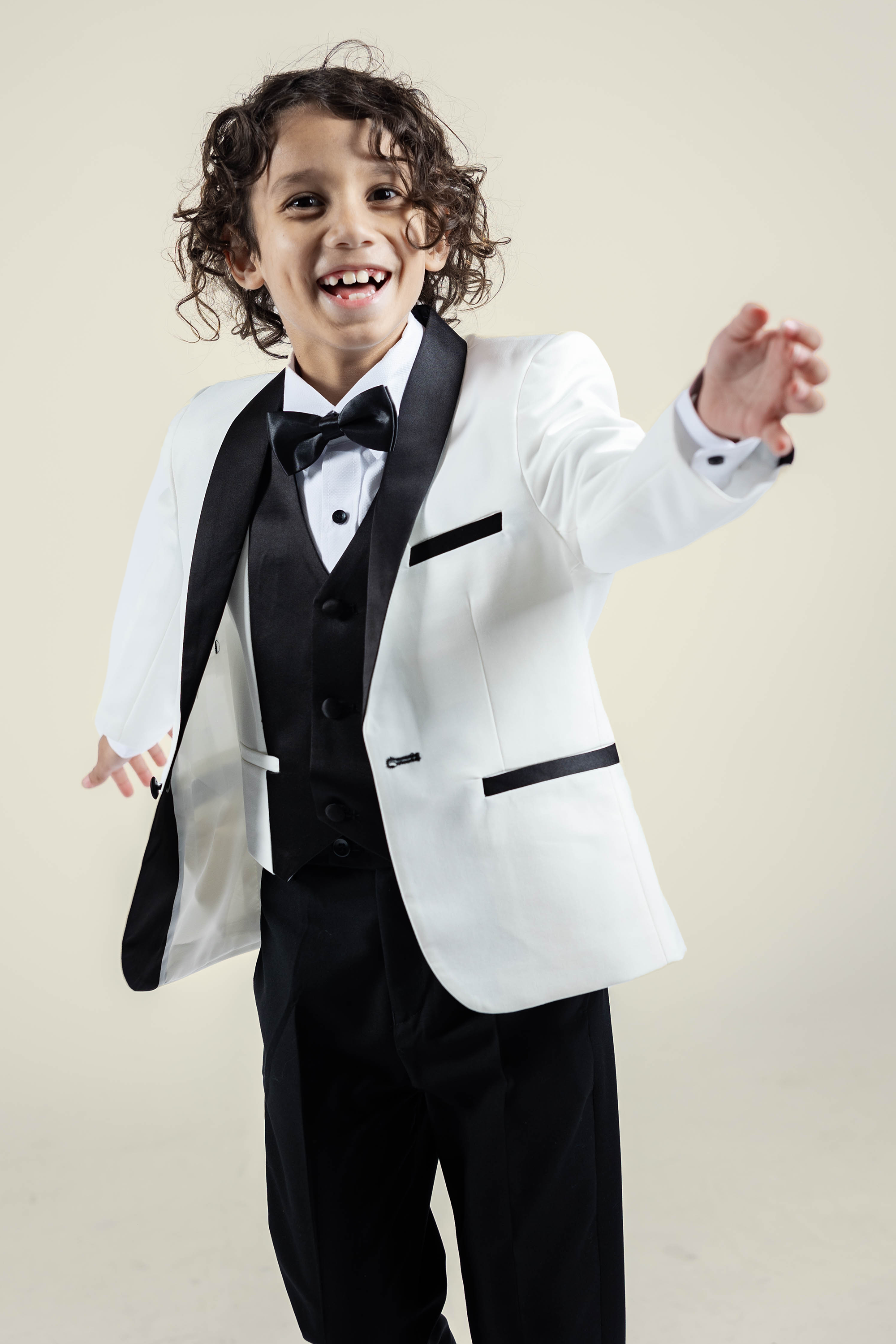 Boys' Pearl White Tuxedo + Black Pants