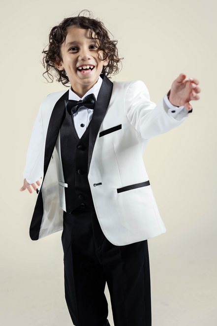Boys' Pearl White Tuxedo + Black Pants