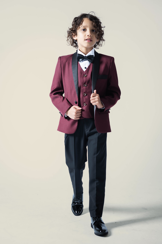 Boys' Crimson Burgundy Tuxedo + Black Pants