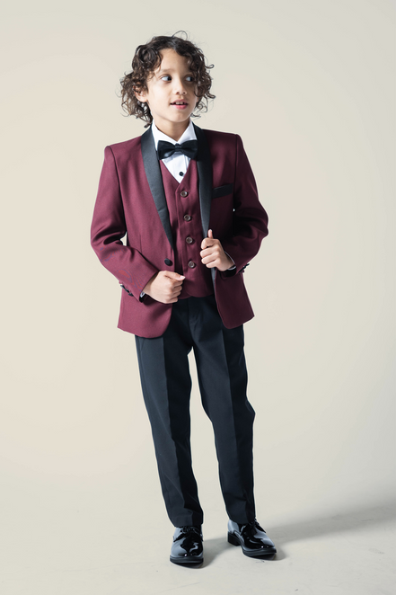 Boys' Crimson Burgundy Tuxedo + Black Pants