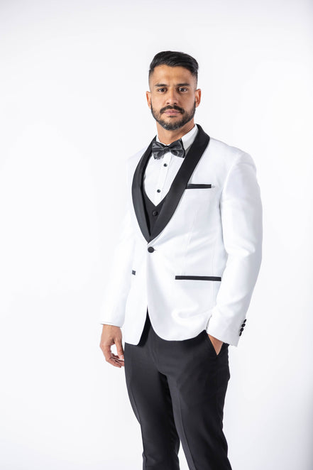 Men's Pearl White Tuxedo Jacket with Black Satin Lapel